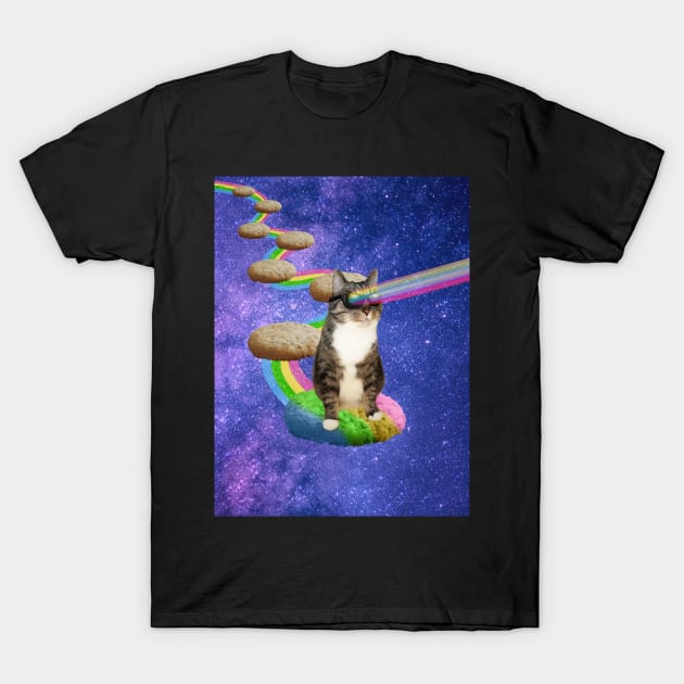 Cute tabby cat in outer space shooting cool rainbows from the sunglasses T-Shirt by Purrfect